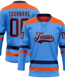 Custom Sky Blue Navy-Orange Hockey Lace Neck Jersey