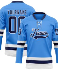 Custom Sky Blue Navy-White Hockey Lace Neck Jersey