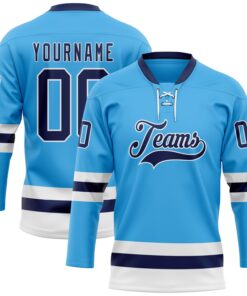 Custom Sky Blue Navy-White Hockey Lace Neck Jersey