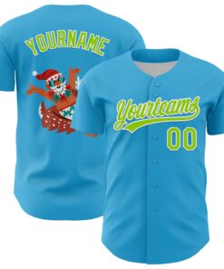 Custom Sky Blue Neon Green-White 3D Funny Christmas Authentic Baseball Jersey
