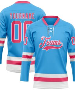 Custom Sky Blue Neon Pink-White Hockey Lace Neck Jersey