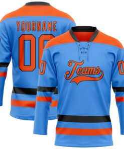 Custom Sky Blue Orange-Black Hockey Lace Neck Jersey