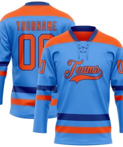 Custom Sky Blue Orange-Royal Hockey Lace Neck Jersey