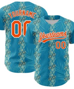 Custom Sky Blue Orange-White 3D Tropical Hawaii Jungle Leaves And Flower Authentic Baseball Jersey