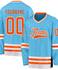 Custom Sky Blue Orange-White Hockey Jersey