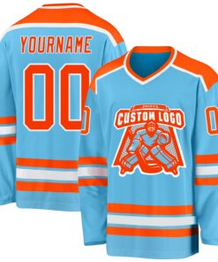 Custom Sky Blue Orange-White Hockey Jersey