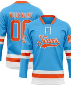 Custom Sky Blue Orange-White Hockey Lace Neck Jersey