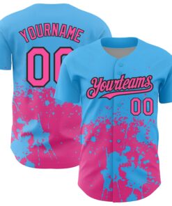 Custom Sky Blue Pink-Black 3D Pattern Design Abstract Splash Grunge Art Authentic Baseball Jersey