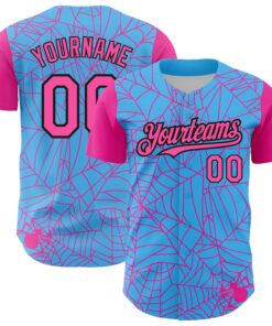 Custom Sky Blue Pink-Black 3D Pattern Design Spider Web Authentic Baseball Jersey