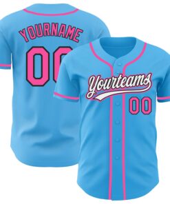 Custom Sky Blue Pink-Black Authentic Baseball Jersey
