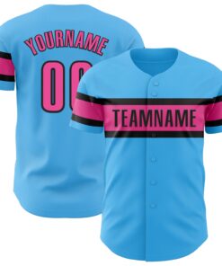 Custom Sky Blue Pink-Black Authentic Baseball Jersey