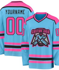 Custom Sky Blue Pink-Black Hockey Jersey