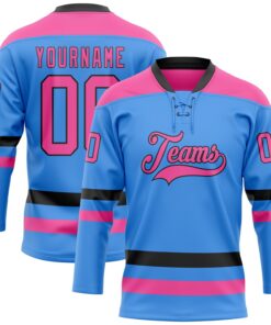 Custom Sky Blue Pink-Black Hockey Lace Neck Jersey