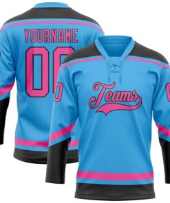 Custom Sky Blue Pink-Black Hockey Lace Neck Jersey