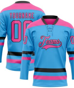 Custom Sky Blue Pink-Black Hockey Lace Neck Jersey