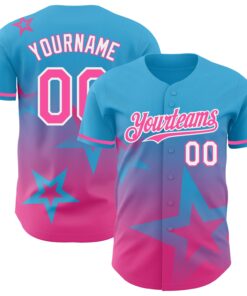Custom Sky Blue Pink-White 3D Pattern Design Gradient Style Twinkle Star Authentic Baseball Jersey