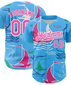 Custom Sky Blue Pink-White 3D Pattern Design Sailing Boats Authentic Baseball Jersey