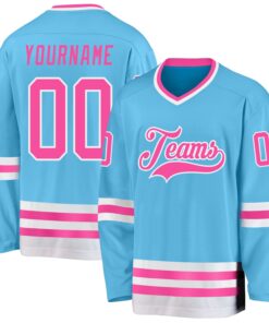 Custom Sky Blue Pink-White Hockey Jersey