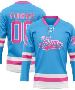 Custom Sky Blue Pink-White Hockey Lace Neck Jersey