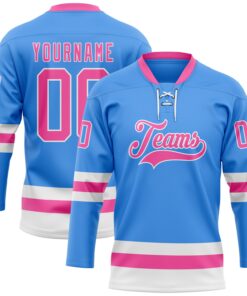 Custom Sky Blue Pink-White Hockey Lace Neck Jersey