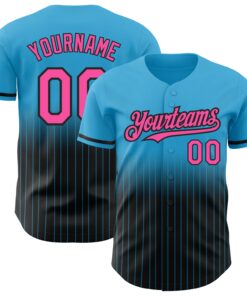 Custom Sky Blue Pinstripe Pink-Black Authentic Fade Fashion Baseball Jersey