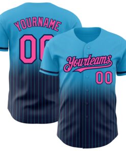 Custom Sky Blue Pinstripe Pink-Navy Authentic Fade Fashion Baseball Jersey