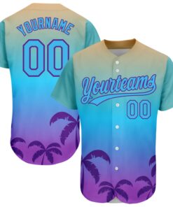 Custom Sky Blue Purple 3D Pattern Design Hawaii Palm Trees Authentic Baseball Jersey