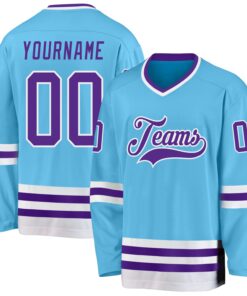 Custom Sky Blue Purple-White Hockey Jersey