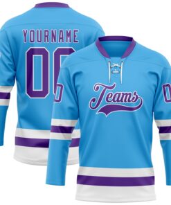 Custom Sky Blue Purple-White Hockey Lace Neck Jersey