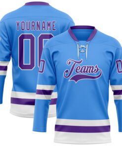 Custom Sky Blue Purple-White Hockey Lace Neck Jersey