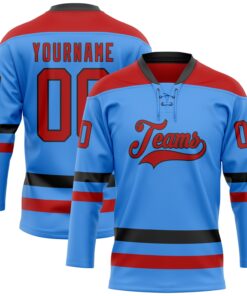 Custom Sky Blue Red-Black Hockey Lace Neck Jersey