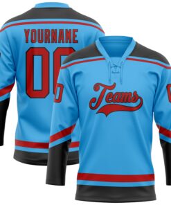Custom Sky Blue Red-Black Hockey Lace Neck Jersey
