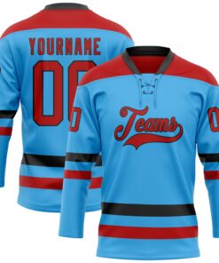 Custom Sky Blue Red-Black Hockey Lace Neck Jersey