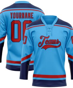 Custom Sky Blue Red-Navy Hockey Lace Neck Jersey