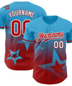 Custom Sky Blue Red-White 3D Pattern Design Gradient Style Twinkle Star Authentic Baseball Jersey
