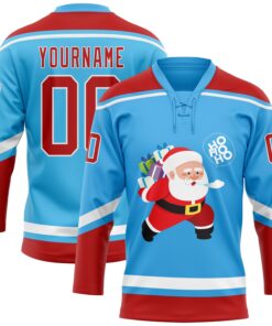 Custom Sky Blue Red-White Funny Christmas 3D Hockey Lace Neck Jersey