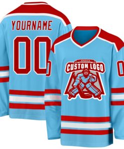 Custom Sky Blue Red-White Hockey Jersey