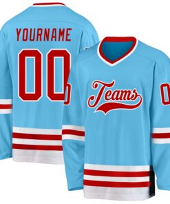 Custom Sky Blue Red-White Hockey Jersey
