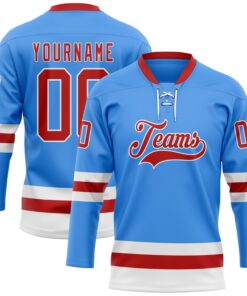 Custom Sky Blue Red-White Hockey Lace Neck Jersey