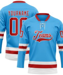 Custom Sky Blue Red-White Hockey Lace Neck Jersey