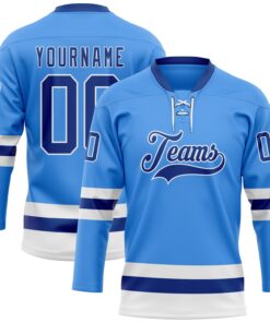 Custom Sky Blue Royal-White Hockey Lace Neck Jersey