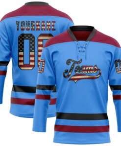 Custom Sky Blue Vintage USA Flag Black-Maroon Hockey Lace Neck Jersey