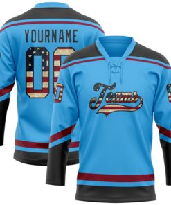 Custom Sky Blue Vintage USA Flag Black-Maroon Hockey Lace Neck Jersey