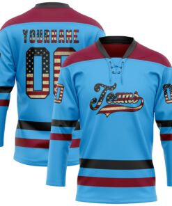 Custom Sky Blue Vintage USA Flag Black-Maroon Hockey Lace Neck Jersey