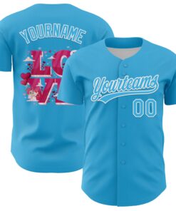 Custom Sky Blue White 3D Love Heart Valentine's Day Authentic Baseball Jersey