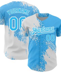 Custom Sky Blue White 3D Pattern Design Abstract Brush Stroke Authentic Baseball Jersey