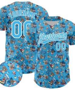 Custom Sky Blue White 3D Pattern Design Animal Bear And Hawaii Palm Trees Authentic Baseball Jersey