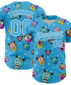 Custom Sky Blue White 3D Pattern Design Funny Cartoon Animal Authentic Baseball Jersey