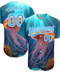 Custom Sky Blue White 3D Pattern Design Jellyfish Floating In The Ocean Authentic Baseball Jersey