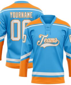 Custom Sky Blue White-Bay Orange Hockey Lace Neck Jersey